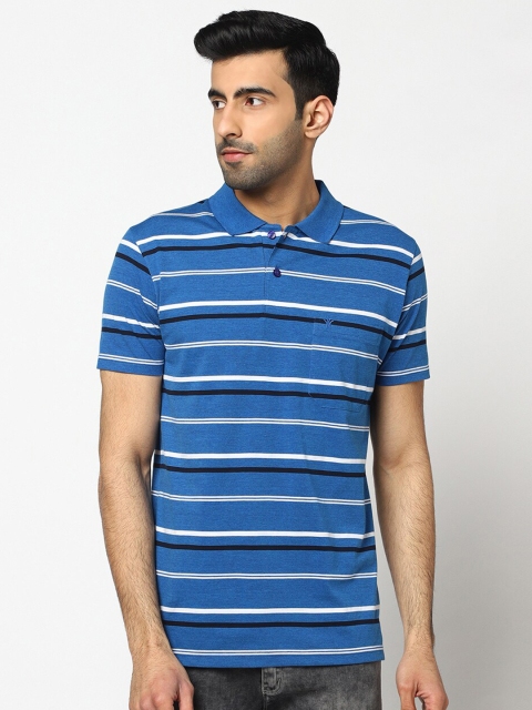 

VENITIAN Men Blue Striped Polo Collar Cotton T-shirt