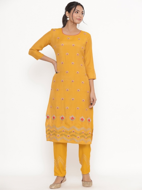 

DIVYANK Women Yellow Ethnic Motifs Embroidered Pleated Kurti with Trousers