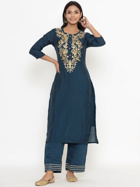 

DIVYANK Women Navy Blue Floral Embroidered Layered Chanderi Silk Kurti with Salwar