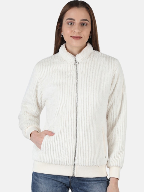

Monte Carlo Women Off White Geometric Striped Lightweight Bomber Jacket