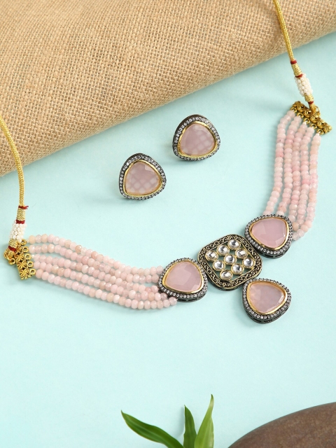 

justpeachy Women Pink & White Artificial Stone Studded and Beaded Jewellery Set