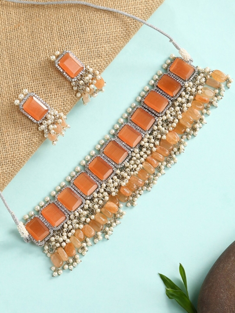 

justpeachy Gold-Plated Orange & White Stone-Studded & Pearl Beaded Jewellery Set