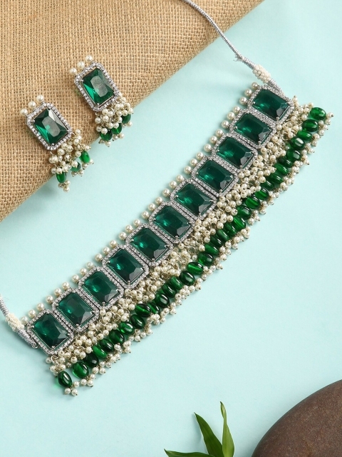 

justpeachy Silver-Plated White & Green Stone-Studded & Pearl Beaded Jewellery Set