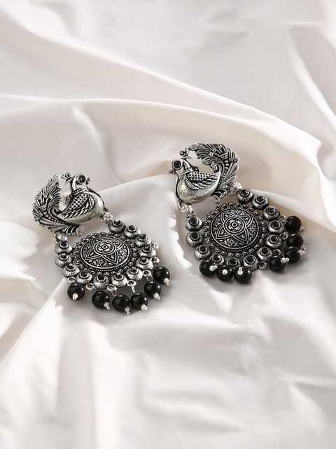 

justpeachy Black Silver Plated CZ Studded Oxidised Drop Earrings