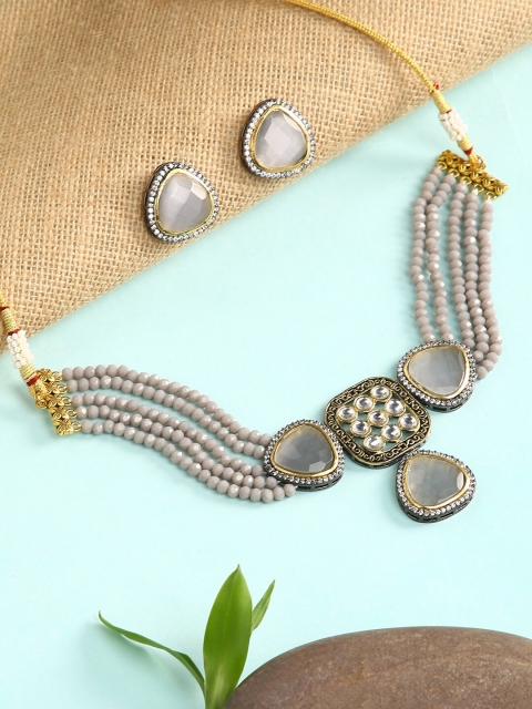 

justpeachy Gold-Plated Grey Beaded Jewellery Set