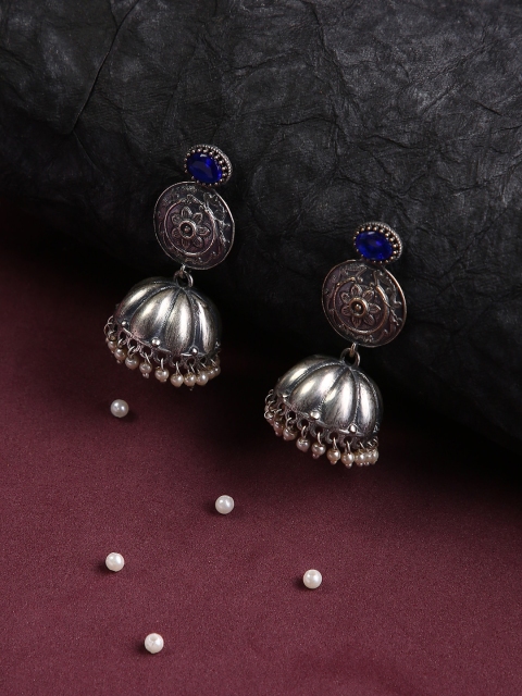 

justpeachy Blue Silver Plated Oxidised Dome Shaped Jhumkas
