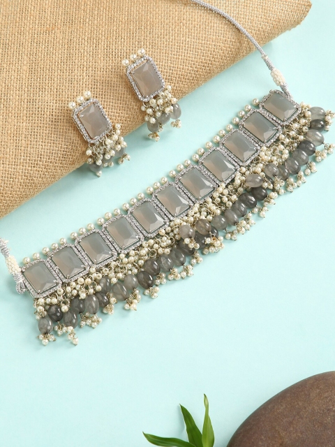 

justpeachy Silver-Plated Grey & White Stone-Studded & Beaded Jewellery Set