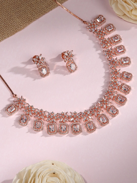 

justpeachy Rose Gold-Plated White Stone-Studded Jewellery Set
