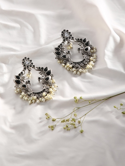 

justpeachy Black & Silver Toned Oxidised Floral Drop Earrings