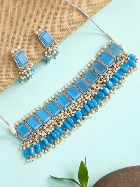 

justpeachy Silver-Plated Blue Stone Studded & Beaded Jewellery Set