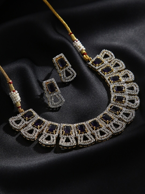 

justpeachy Navy Blue & White Gold-Plated Stone Studded & Beaded Jewellery Set