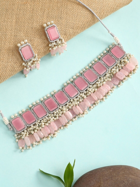 

justpeachy Silver-Toned Pink Stone Studded & Beaded Jewellery Set