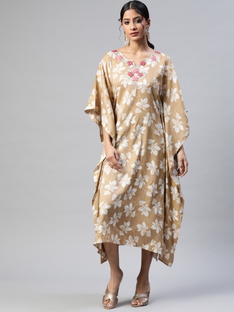 

Readiprint Fashions Beige & White Floral Kaftan Midi Dress