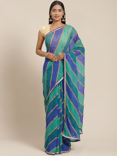

Triveni Blue & Green Striped Gotta Patti Embellished Pure Georgette Leheriya Saree