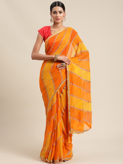 

Triveni Mustard & Orange Striped Pure Georgette Leheriya Saree