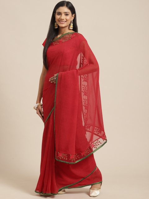 

Triveni Red Floral Embroidered Pure Georgette Saree