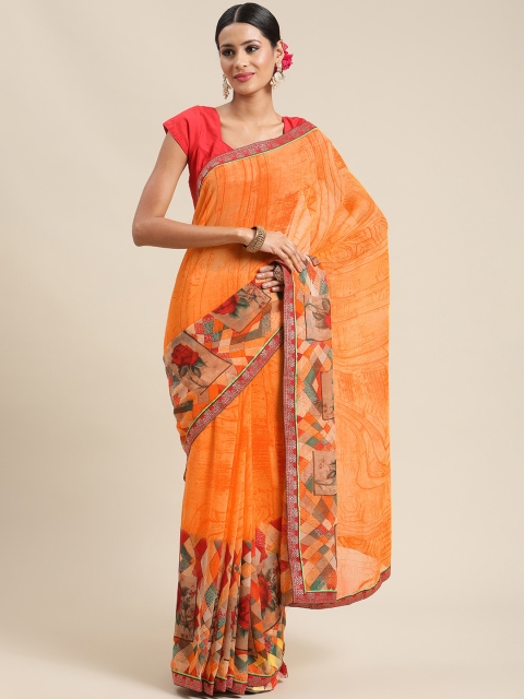 

Triveni Orange Floral Pure Georgette Saree