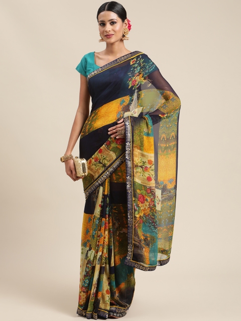 

Triveni Navy Blue & Yellow Floral Pure Georgette Saree