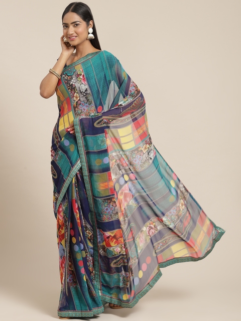 

Triveni Teal Blue & Red Floral Pure Georgette Saree