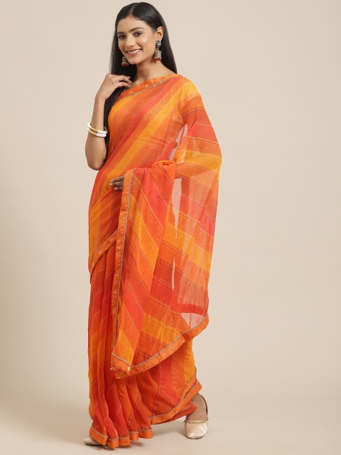 

Triveni Orange & Yellow Floral Zari Pure Georgette Saree