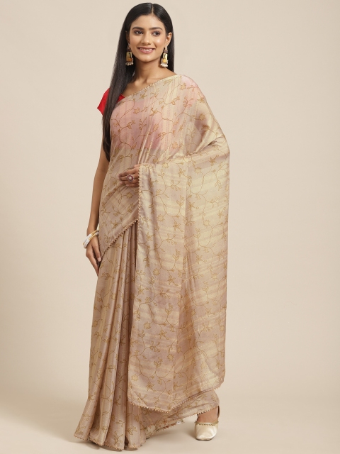 

Triveni Beige Floral Printed Zari Saree