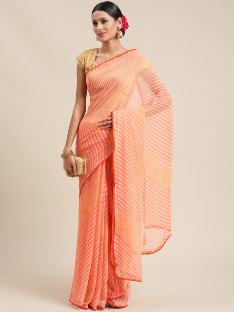 

Triveni Orange Striped Pure Georgette Leheriya Saree
