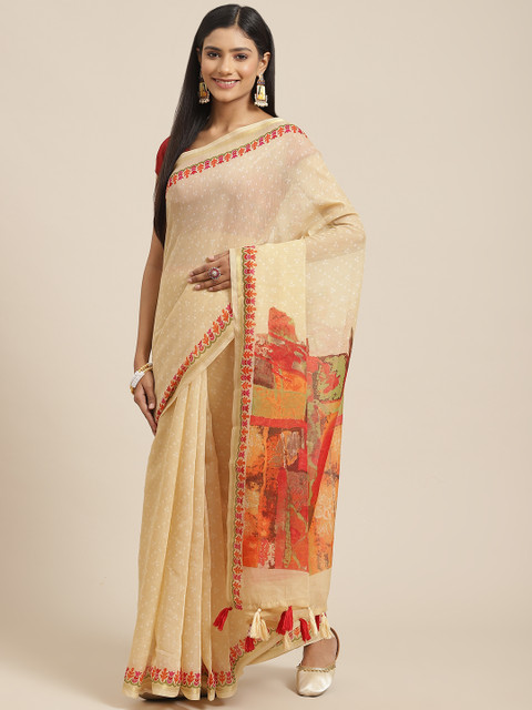 

Triveni Beige & Orange Bandhani Pure Cotton Bandhani Saree
