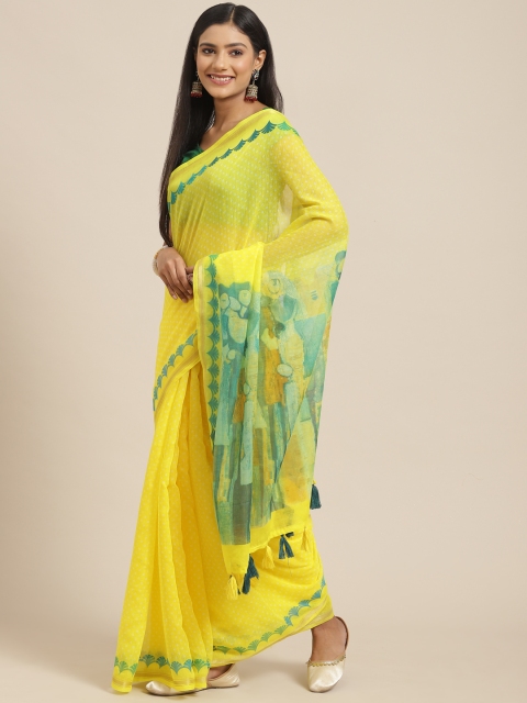 

Triveni Yellow & Green Bandhani Printed Zari Pure Cotton Bandhani Saree