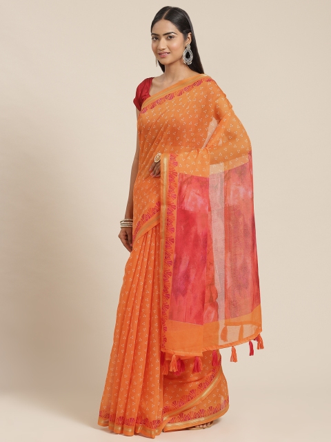 

Triveni Orange Bandhani Zari Pure Cotton Bandhani Saree