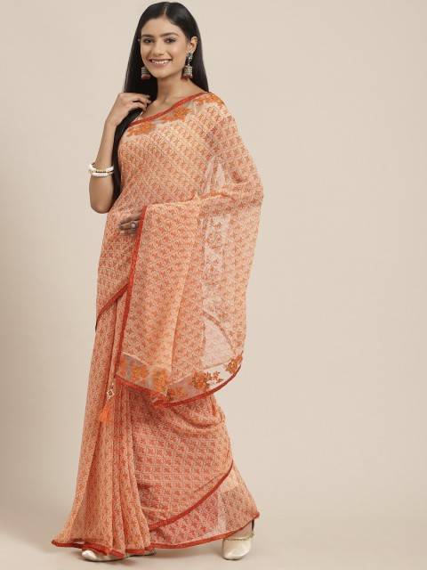 

Triveni Peach-Coloured & Red Floral Embroidered Pure Georgette Saree