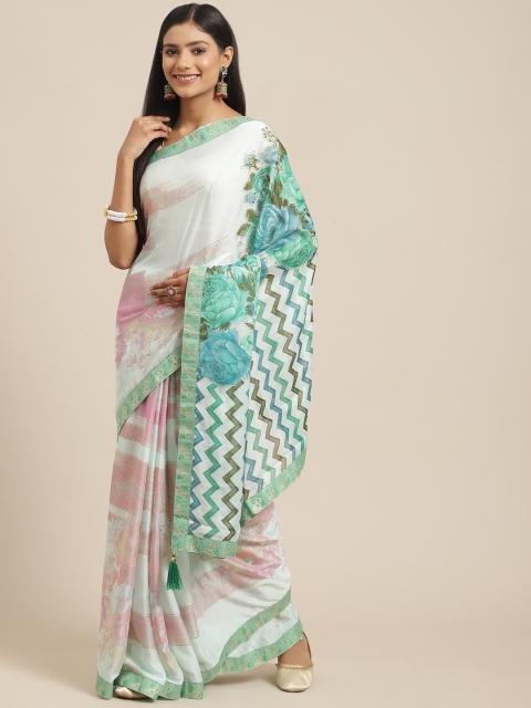 

Triveni Green & Pink Floral Printed Zari Saree