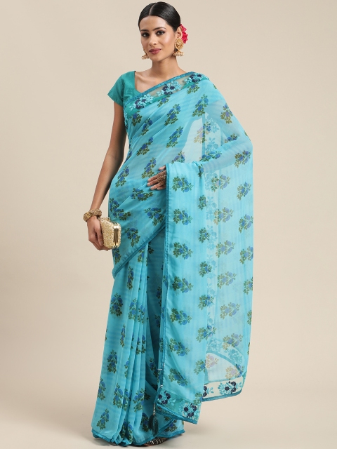 

Triveni Turquoise Blue Floral Pure Georgette Saree