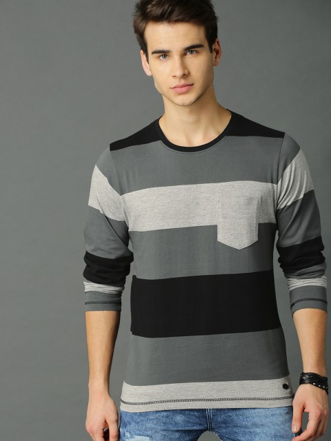 

Roadster Men Grey Melange Black Striped Round Neck Pure Cotton T-shirt