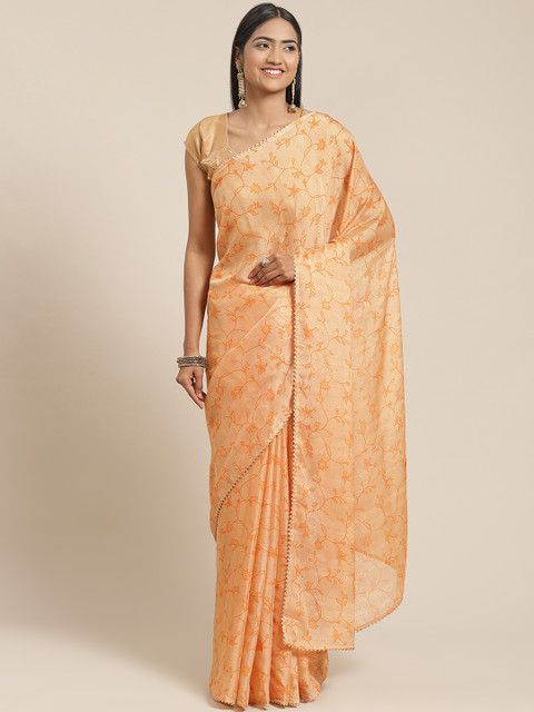 

Triveni Orange Floral Printed Zari Saree