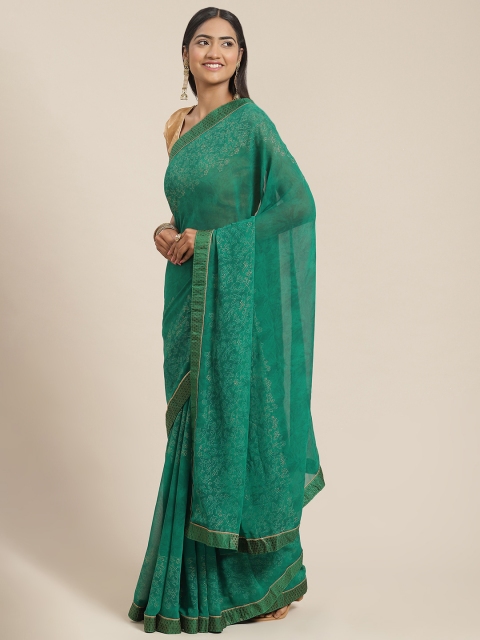 

Triveni Green Floral Printed Zari Pure Georgette Saree
