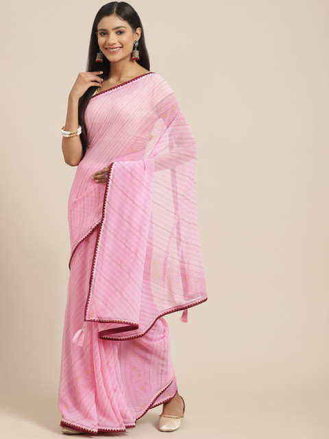

Triveni Pink Striped Gotta Patti Embellished Pure Georgette Leheriya Saree