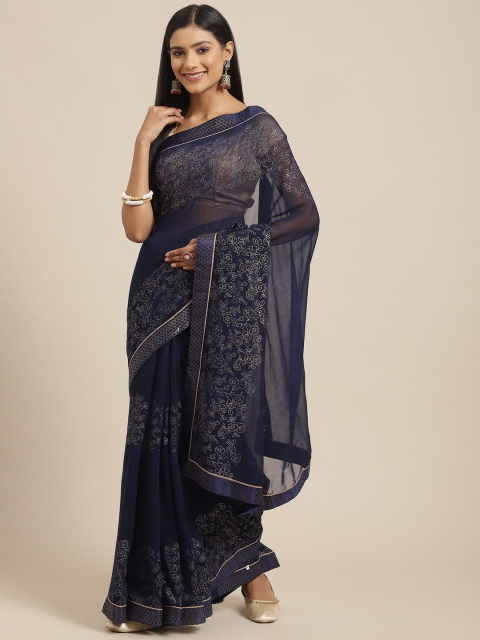 

Triveni Navy Blue & Gold-Toned Floral Printed Zari Pure Georgette Saree
