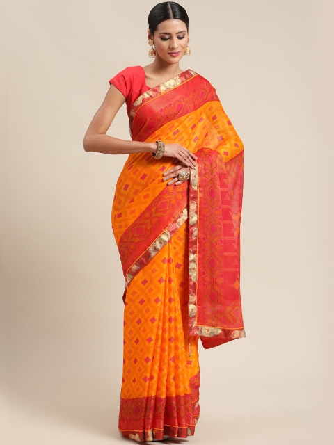

Triveni Yellow & Red Zari Brasso Saree