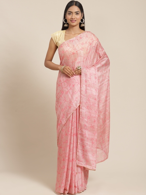 

Triveni Pink Floral Printed Zari Saree