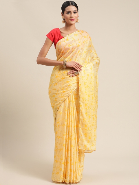 

Triveni Mustard Floral Gotta Patti Saree