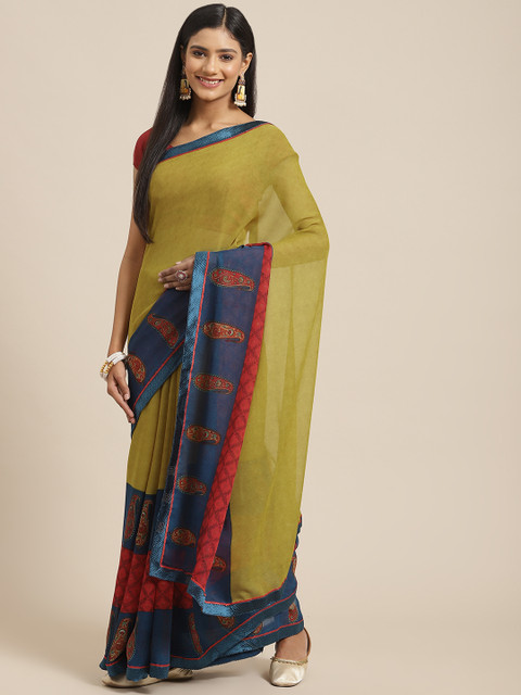 

Triveni Olive Green Ethnic Motifs Saree