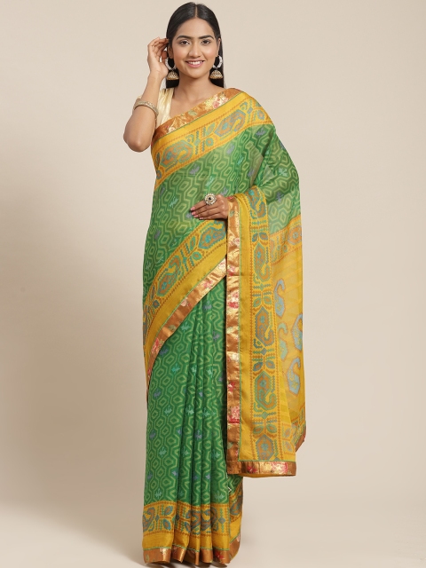

Triveni Green Geometric Printed Embellished Zari Brasso Saree