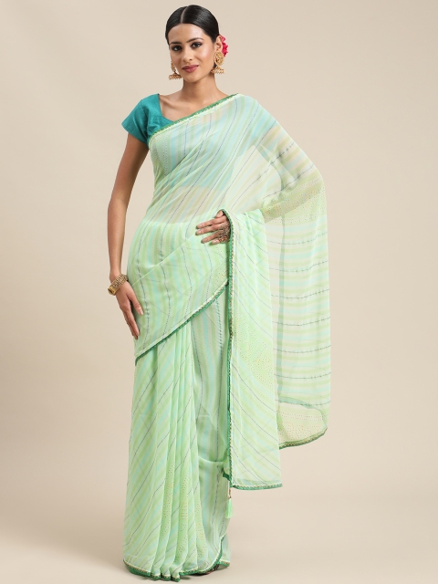 

Triveni Green & Turquoise Blue Striped Gotta Patti Pure Georgette Leheriya Saree