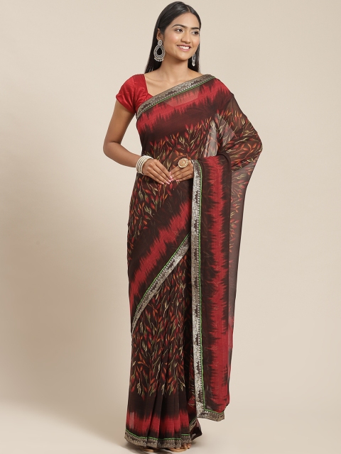

Triveni Brown & Red Floral Pure Georgette Saree