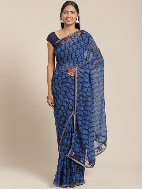 

Triveni Blue & Black Floral Embroidered Pure Georgette Saree