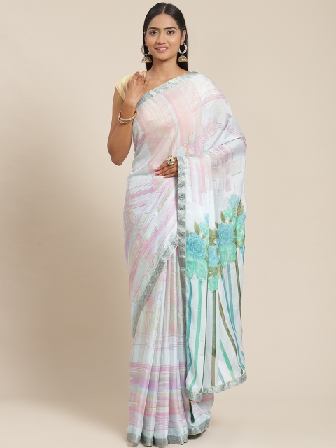 

Triveni Blue & Pink Floral Printed Zari Saree