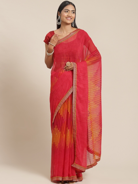 

Triveni Pink & Yellow Striped Pure Georgette Saree