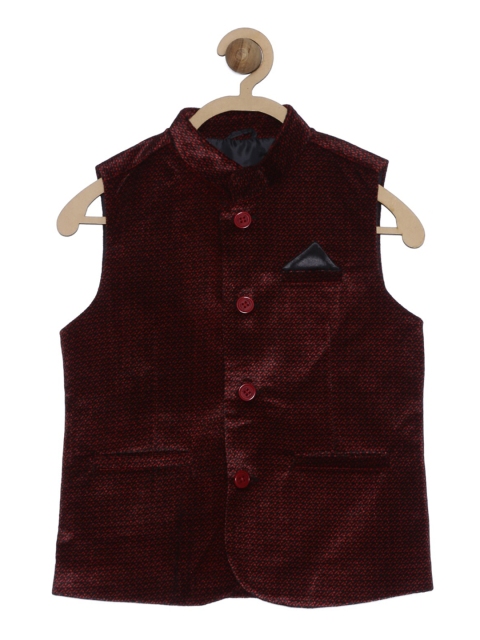 

612 league Boys Red & Black Printed Velvet Nehru Jacket