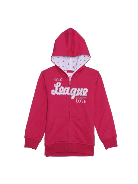 

612 league Girls Fuchsia & White Alphanumeric Printed Cotton Hooded Front-Open Sweatshirt