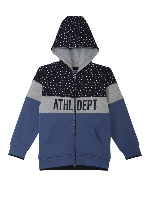 

612 league Boys Blue & Black Colourblocked Hooded Front-Open Sweatshirt